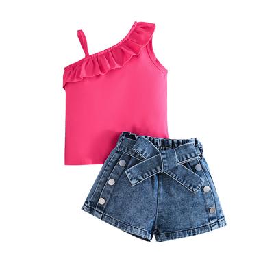 New Summer Girls' Off-Shoulder Camisole Top + Denim Butterfly Shorts Three-Piece Set
