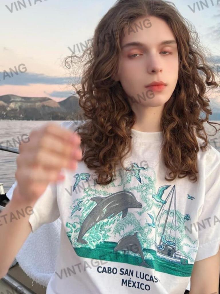 American Retro Dolphin Print Oversized Cotton T-shirt - Women's Trendy Straight Shoulder Short Sleeve