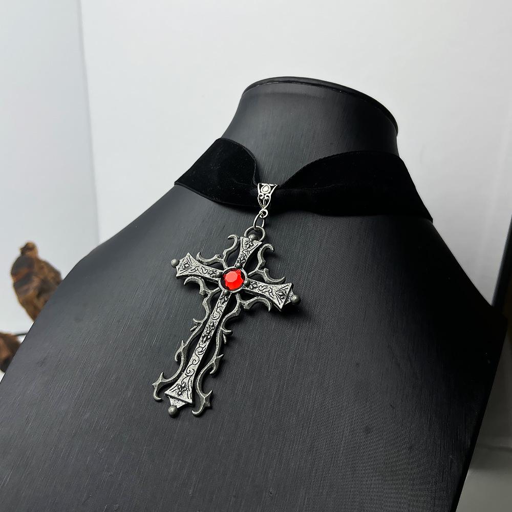 Gothic Velvet Choker with Retro Cross Pendant