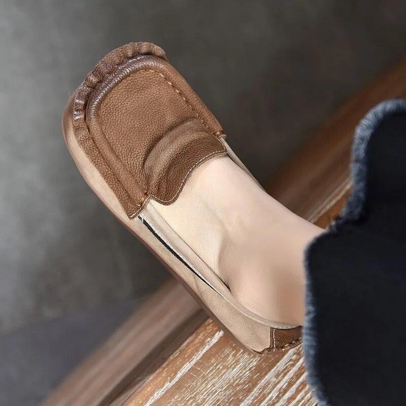 Johnature Loafer aus echtem Leder mit quadratischer Zehenpartie und weicher Sohle, flache Schuhe, Retro-Schlupfschuhe in Mischfarben für Damen