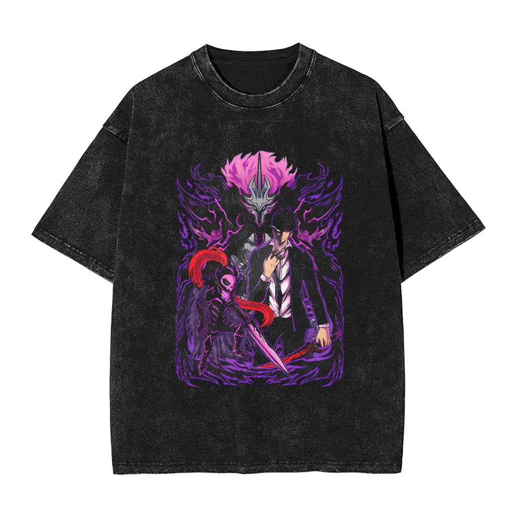 Men Women T-Shirt Solo Leveling Washed T Shirts Harajuku  Beach Tees Streetwear Simple Cotton Tops