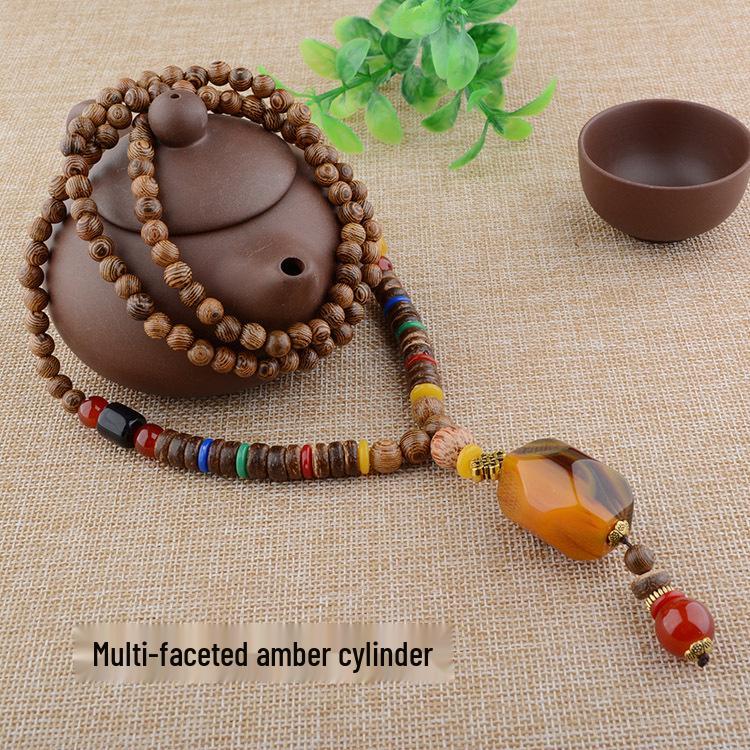 Retro Etniskt Hänge Halsband i Bomull och Lin med Träpärlor och Bodhi-berlock