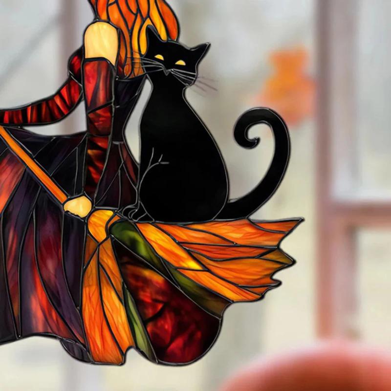 Gothic Acrylic Witch &Black Cat Suncatcher, Halloween Window Decoration Wind Chime, Broom Witch Hanging Ornament for Home &Party