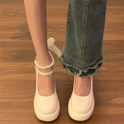 Scarpe Mary Jane Eleganti da Donna con Tacco Alto Spesso Scarpe Singole da Cerimonia Scarpe con Plateau in Pelle da Donna