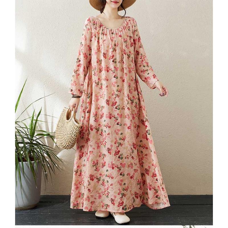 Round Neck Drawstring Loose Minimalist Long Sleeve Extra Long Dress Resort Style