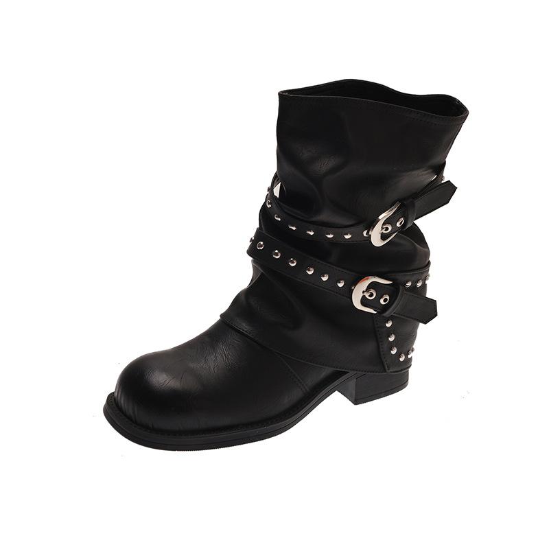 Women'S Shoes New Early Autumn Retro Metal Adjustable Height Increase Soft Dough Old Style Short Tube Western Knight Boots Women