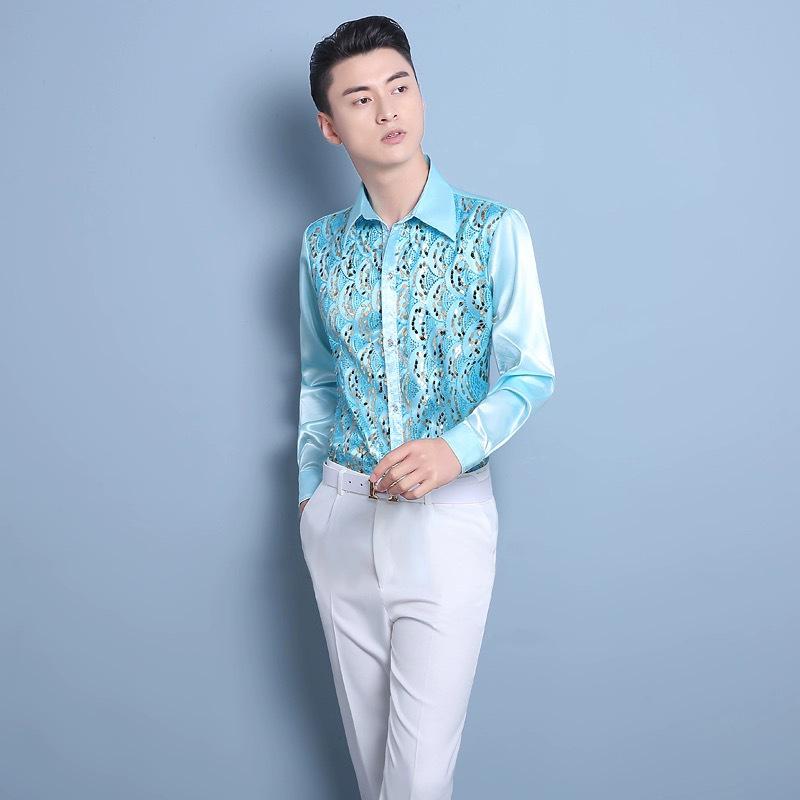 

Чоловіча великого розміру барвиста сорочка зі стразами для сценічних виступів для танців та співу L