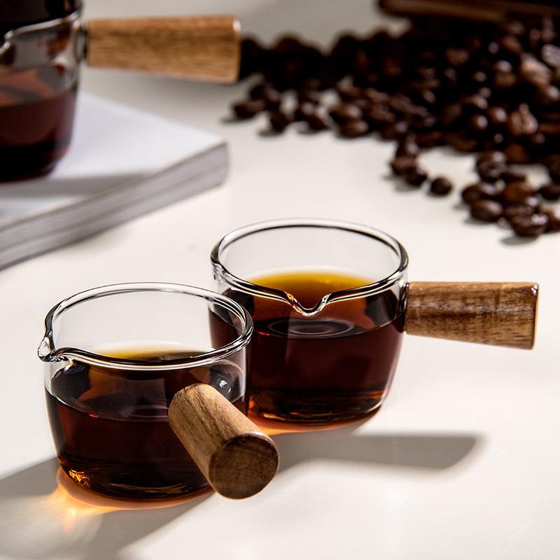 1 Stück Glas Messbecher mit Holzgriff Glas Espresso Messbecher Doppel Einzel Mund Milch Kaffee Klarer Becher Kaffeezubehör