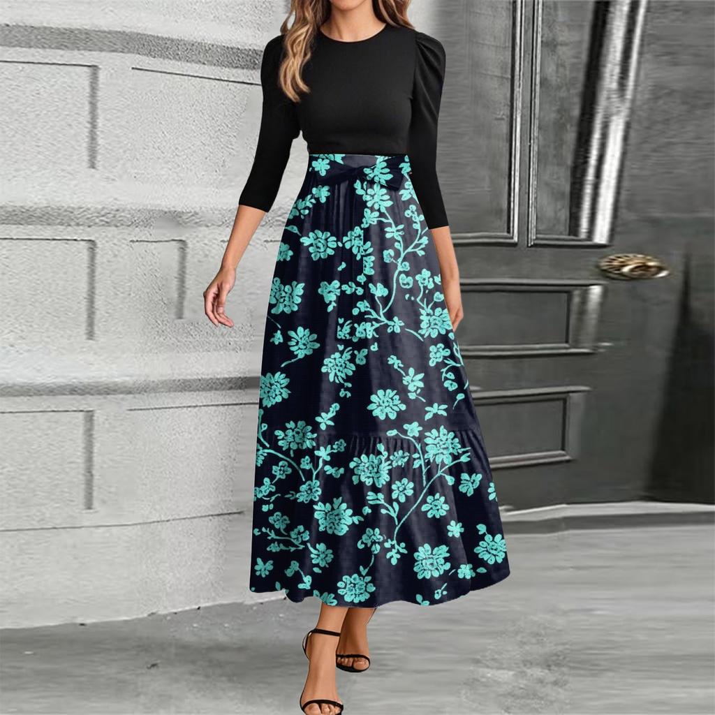 Damenmode Freizeitgürtel Rundhals Florale Stickerei Elegantes Temperament Dreiviertelarm Kleid