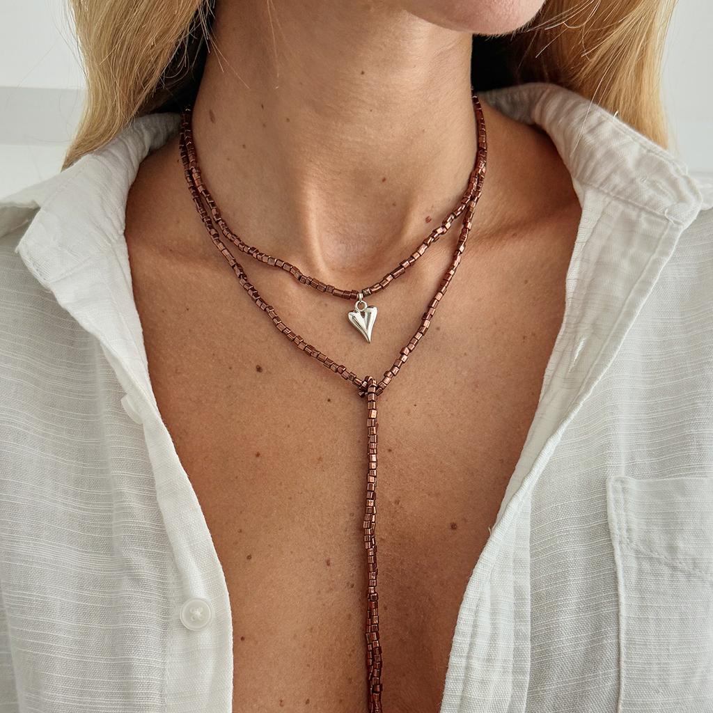 Fashion Gold Color Love Heart Pendant Necklace Women Vintage Beaded Chain Long Necklace Sweater Chain Jewelry Accessories