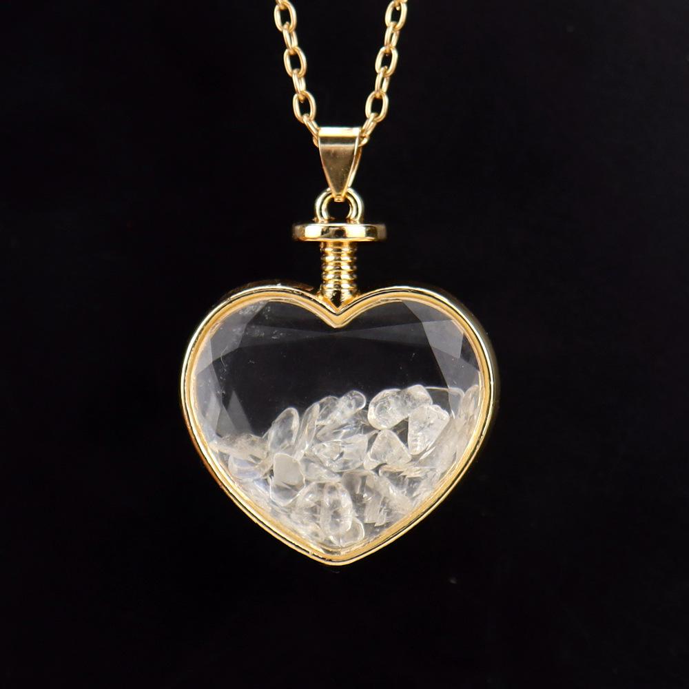 Colorful Natural Gravel Love Heart-Shaped Glass Photo Box Drift Bottle Wishing Bottle Pendant Necklace N577