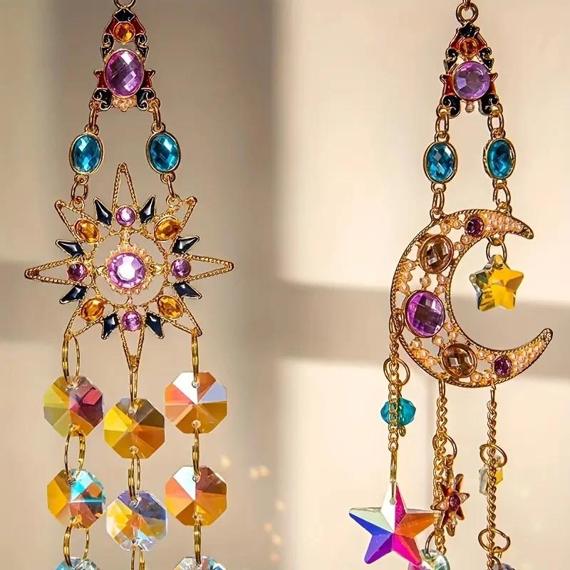 Bohemian Sun Moon Star Crystal Suncatcher Hanging Ornament Rainbow Prism Pendant for Window Home Decor