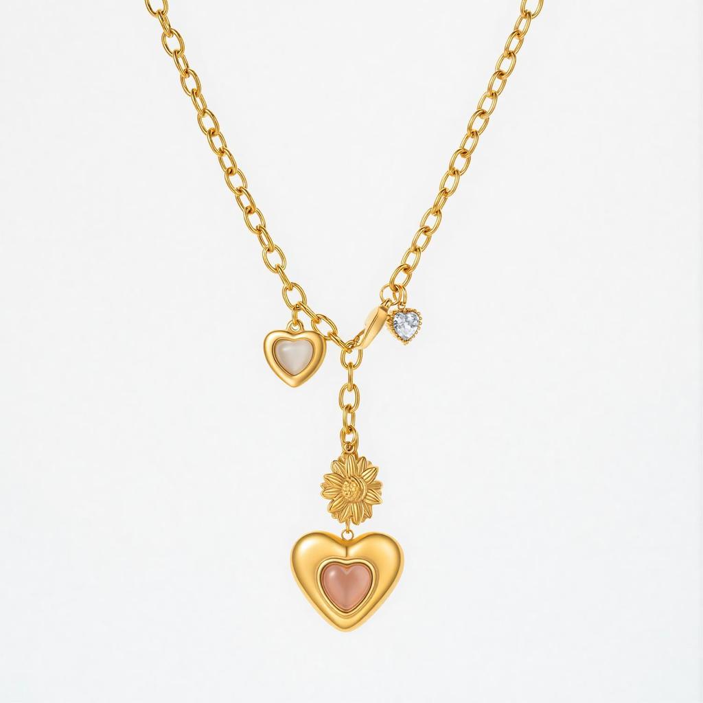 18K Gold Plated Titanium Steel Multi-Heart Diamond Pendant Necklace