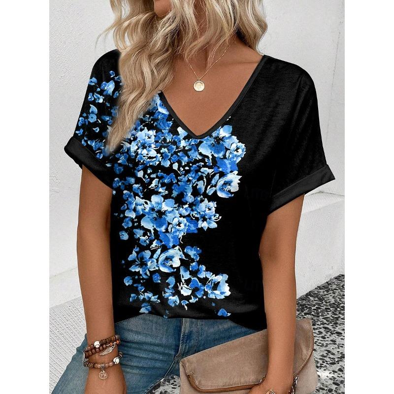 Delicate Watercolor Floral Print Casual T Shirt V Neck Short Sleeve Tee For Women Summer Holiday And Daily Wear