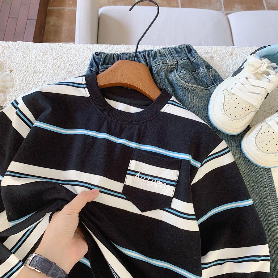 Boys' Striped Long-Sleeve T-Shirt - 2025 Autumn Fashion Trend, Elastic Casual Versatile Cool Top