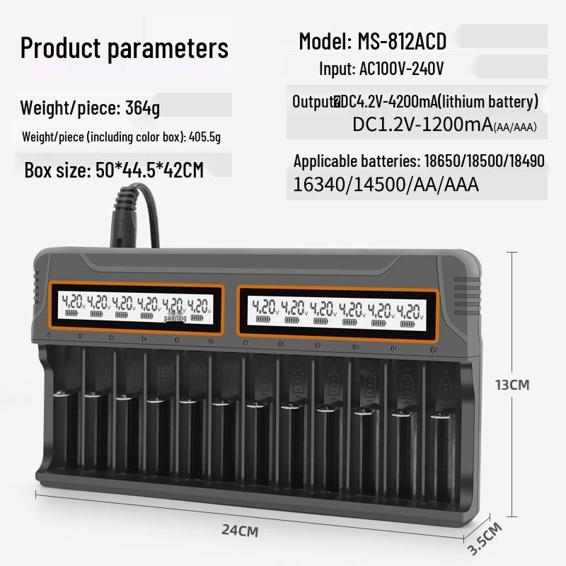 12-Slot Smart Charger for 18650, AA, AAA 3.7V Lithium Batteries with Universal Display