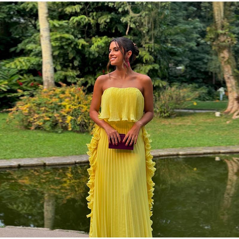 Seksowna Sukienka Długa Żółta Bez Ramiączek z Falbankami Kobiety Bez Rękawów Bez Pleców Długość do Podłogi Sukienki na Imprezę Sukienka Plażowa