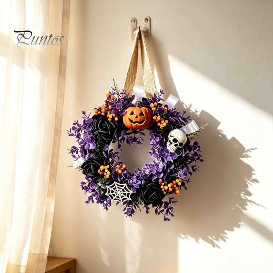 Halloween Window Decoration Wreaths for Front Door, Skull Pumpkin Wreath with Berries, Black Spooky Bat Cabin Party Props Roses, Purple Leaves Doors,