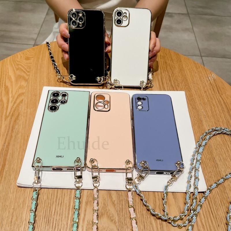 PU Leather Chain Crossbody Lanyard Case For iPhone 16 15 14 13 12 11 Pro Max Mini XS X 7 8 Plus Plating TPU Strap Cover
