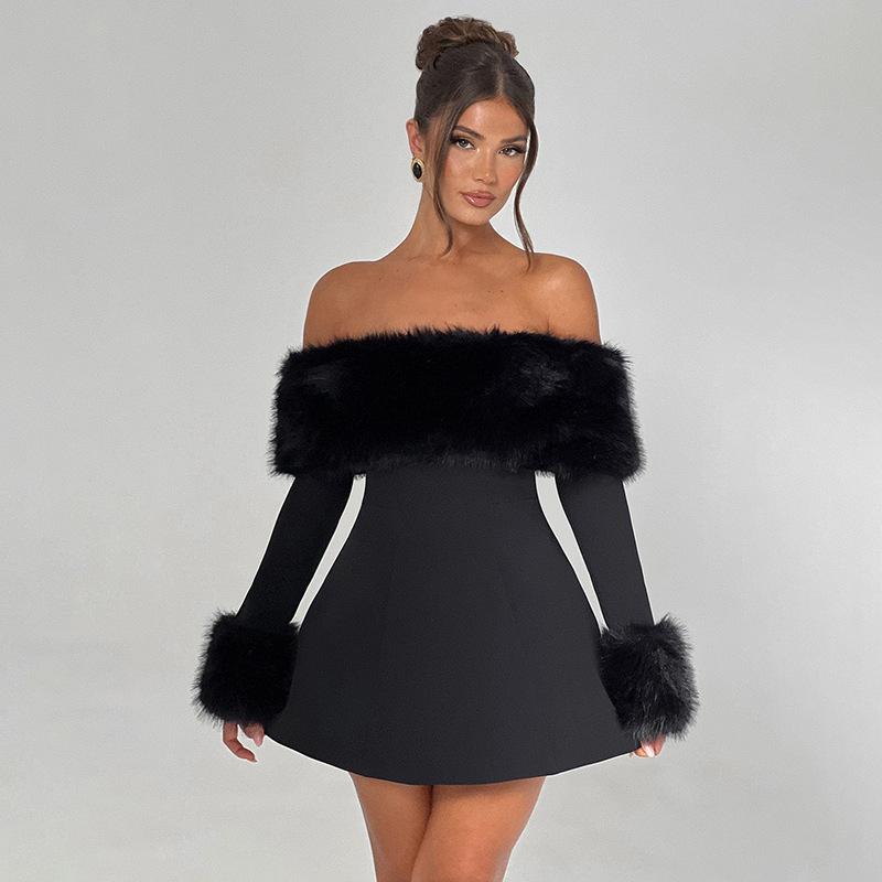 European and American style women s clothing autumn and winter new temperament one-word shoulder fur collar slim-fitting sexy A-word dress women S