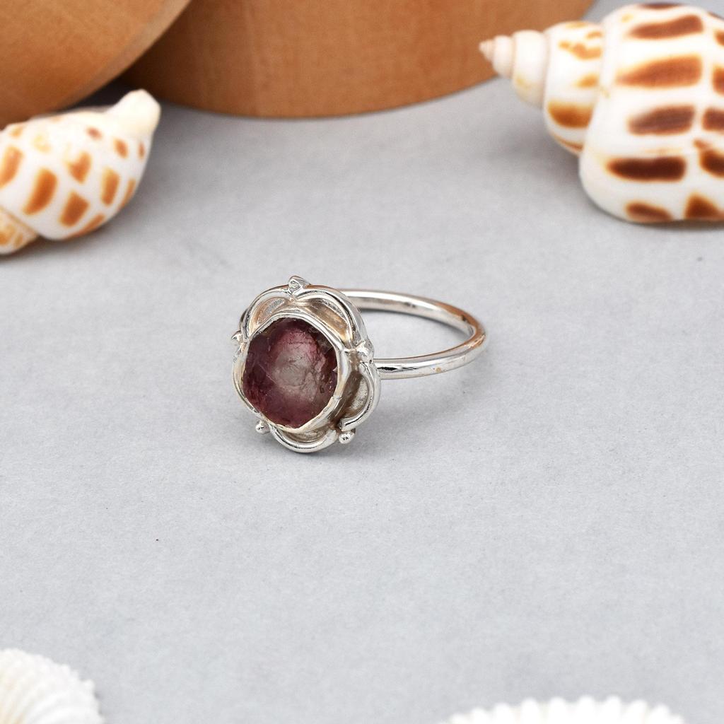 925 Sterling Silver Bicolor Raw Tourmaline Gemstone Ring Size 6 US , Gift Ring