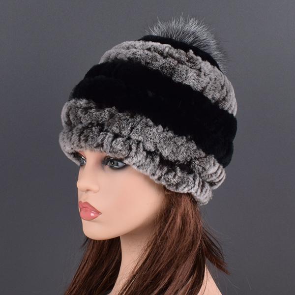 

Rex Rabbit Fur Hat Cap Women s Winter Pompom Caps Warm Natural Fur Knitted Elastic Black Gray Fox Ball Female Bomber Hats Girsl