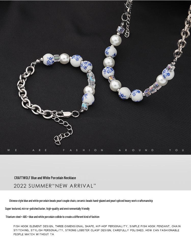 Original Blue & White Porcelain Titanium Steel Clavicle Chain: Chinese Style Hip Hop Necklace for Men & Women