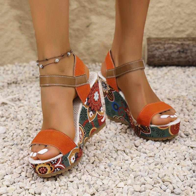 Large Size Wedge Heel High Heel Sandals Women's New Embroidered Word Buckle Open-toe Platform Sandals