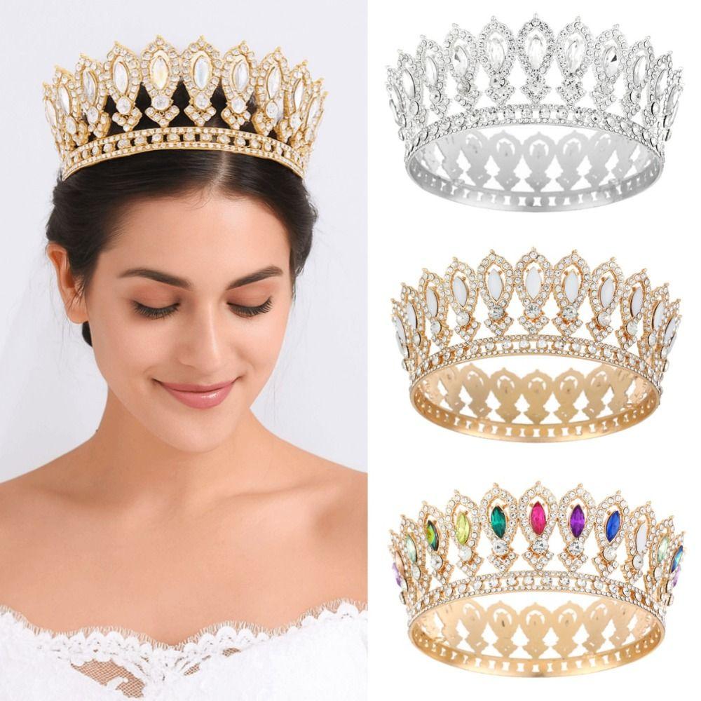 Round Princess Queen Tiara European Crystal Full Crown Metal Bridal Wedding Crowns  Birthday Party