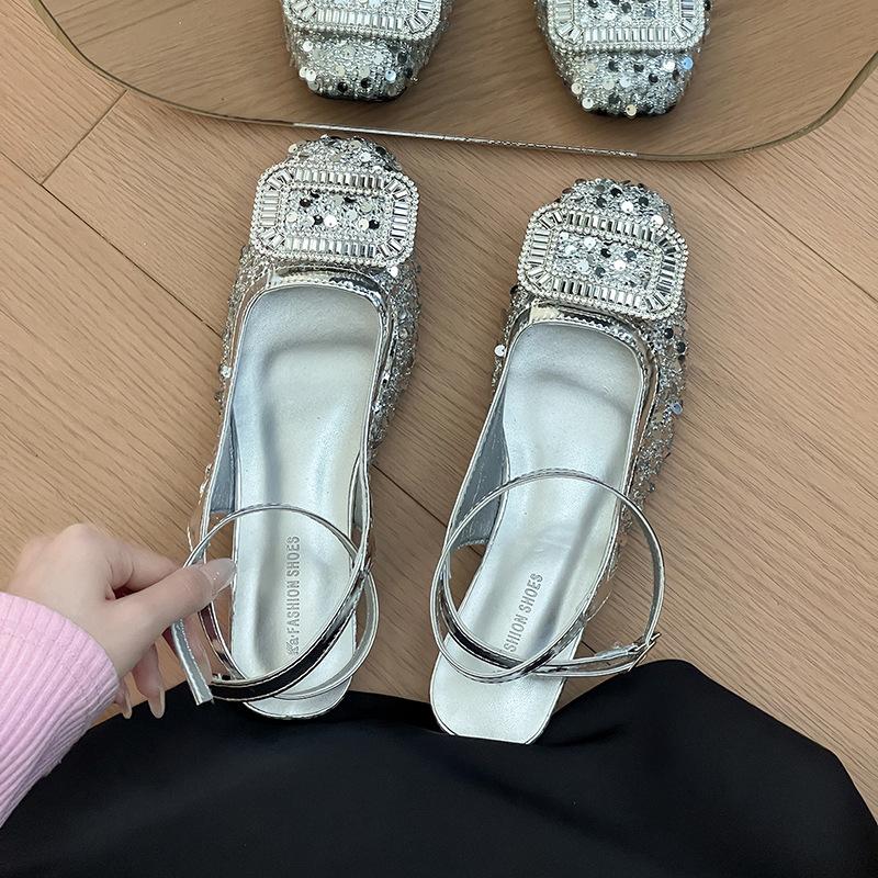 

Fashion Women Summer Shoes 2025 Summer Fashion Rhinestone Round Toe Smedium Heel Sandals Non Slip Buckle Strap Dress Style Women Shoes 40 серебряный