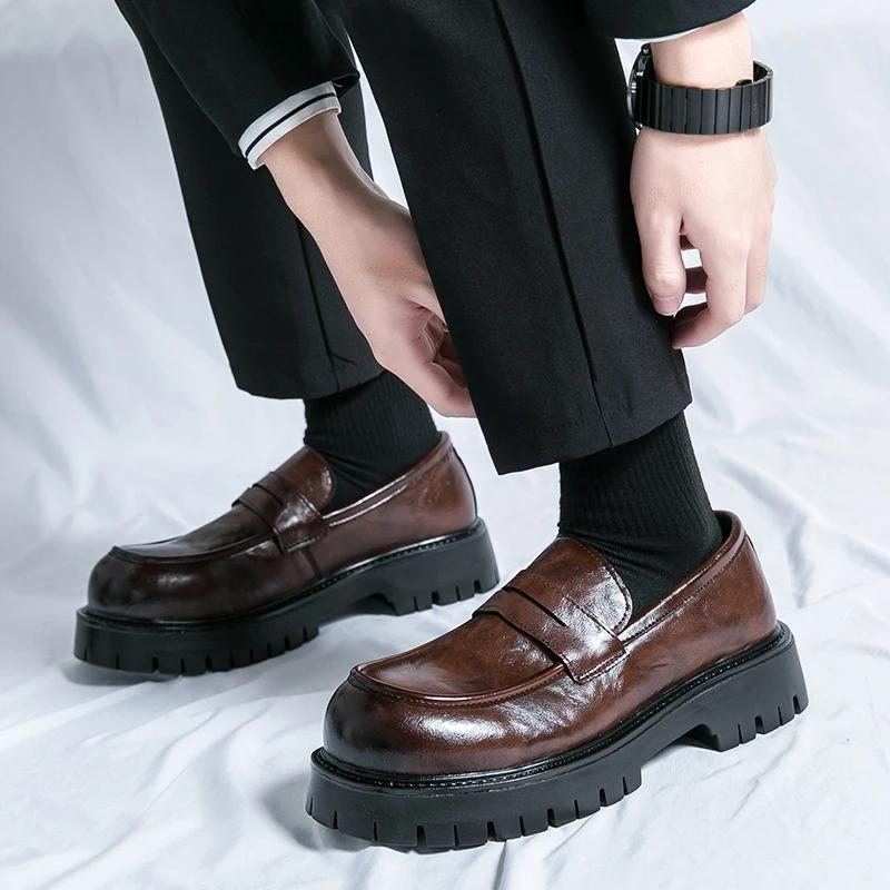 Spring Men's Casual Thick Soled Brown Leather Loafers Shoes Mens Slip-on Outdoor Round Toe Shoe