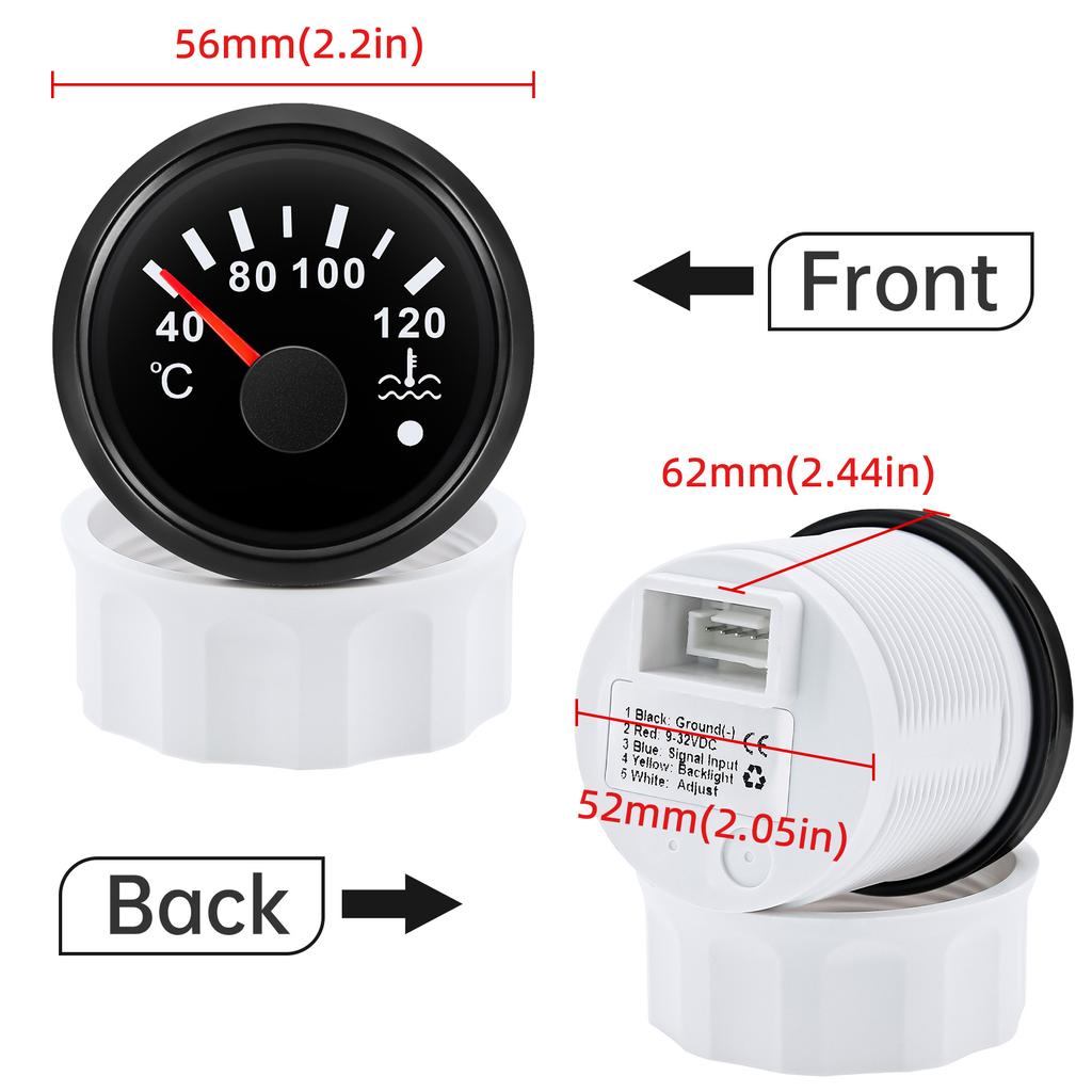 40~120 Celsius 52mm Water Temperature Gauge+Sensor with Flash Alarm Waterproof Red Light Water Temp Meter for Car Boat 12V 24V