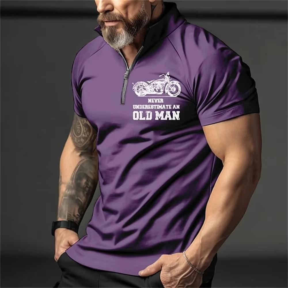 Retro Men's 3D Print Short Sleeve Polo with Zipper Lapel