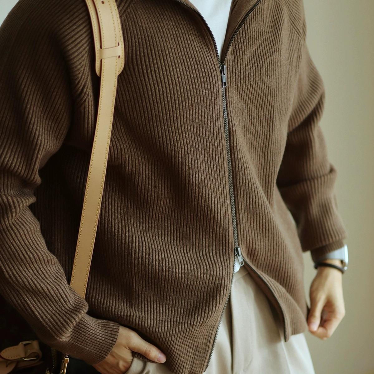 Мужское осеннее вязаное теплое пальто на молнии простое повседневное легкое кардиган-жакет L коричневый 2790₽