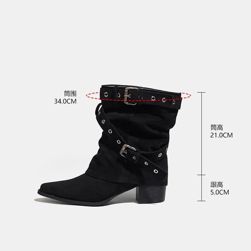 

Сапоги Maillard 2025 новые осень и зима нишевые ретро пряжка на ремне острый носок толстый каблук брюки сапоги гармошкой короткие сапоги женские 40 чёрный