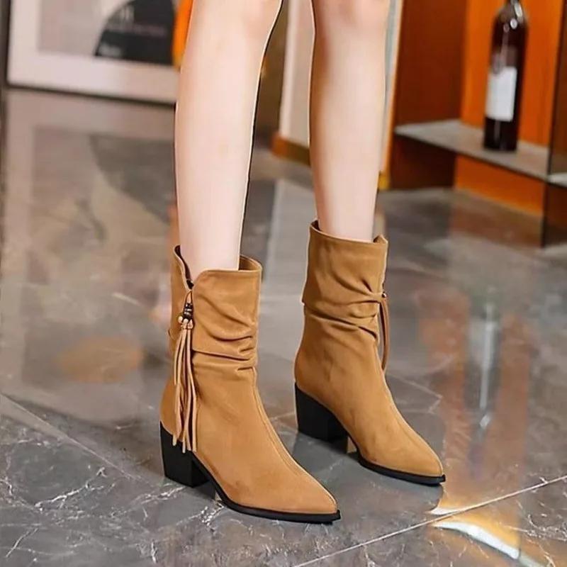 Fashion Women 2025 Autumn New Block Heel Tassel Temperament Fashion Single Boots British Style Pointed Toe High Heel Booties