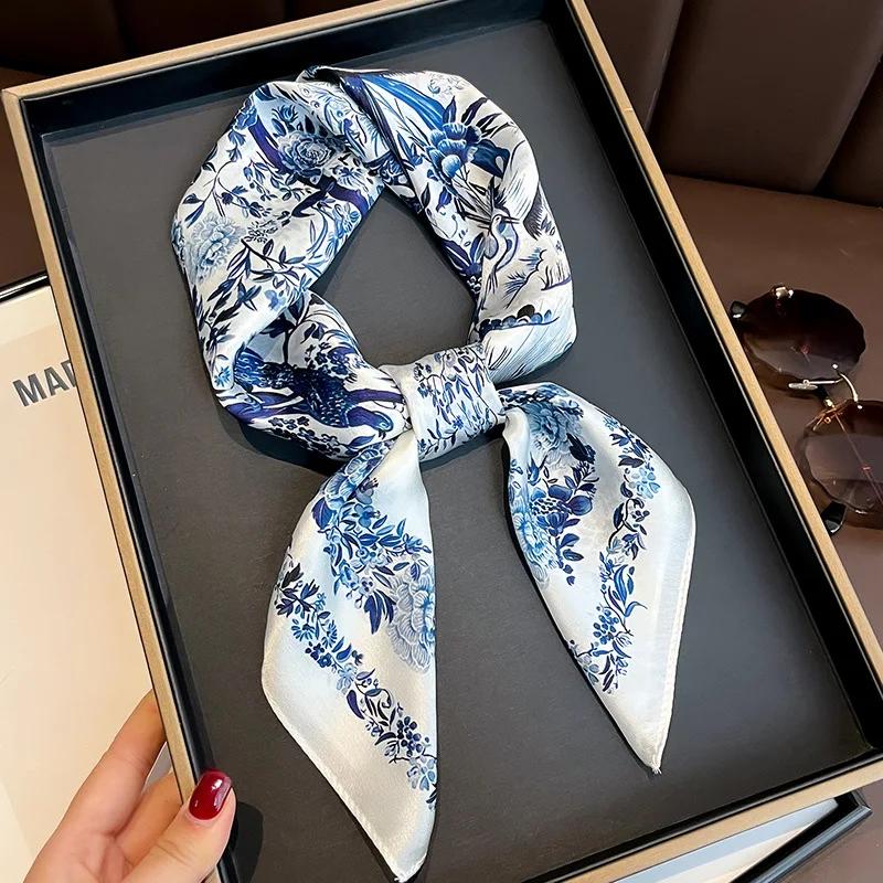 

Luxury Floral Silk Feel Square Scarf Women Soft Satin Kerchief Hairband Neckerchief Head Hijab Lady Headband Foulard Bag Ribbon 70x70 синий