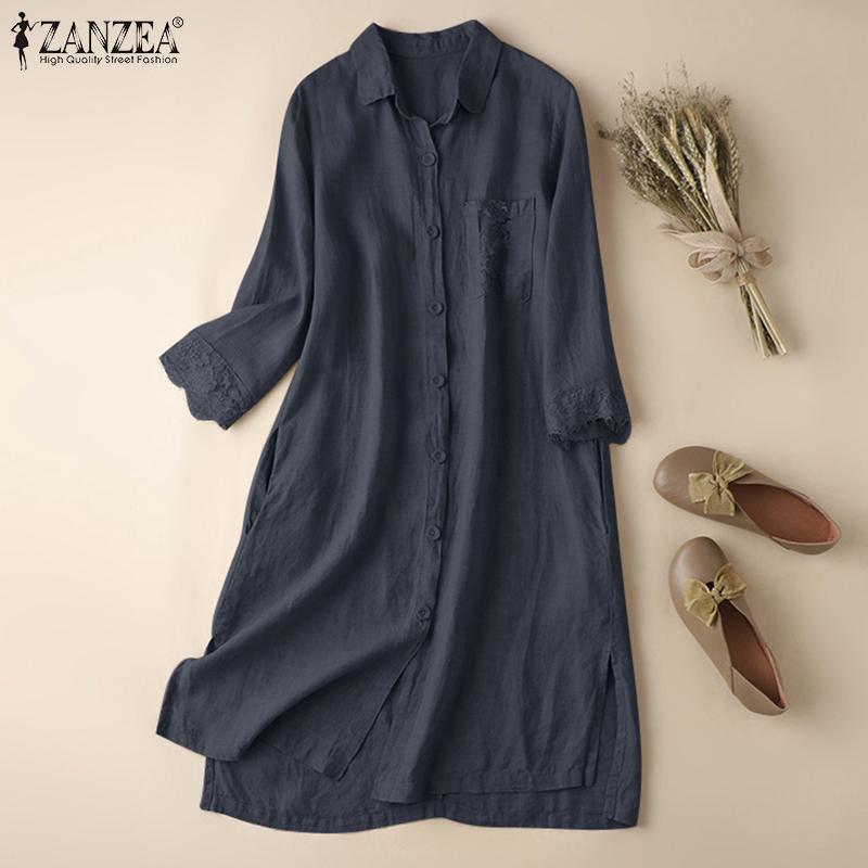 

ZANZEA Женское повседневное кружевное лоскутное хлопковое платье-рубашка с длинными рукавами и лацканами