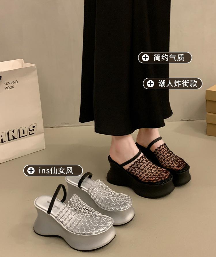French muffin platform sandals women's 2025 new hollow breathable wedge heel half slippers small height-increasing cool slippers