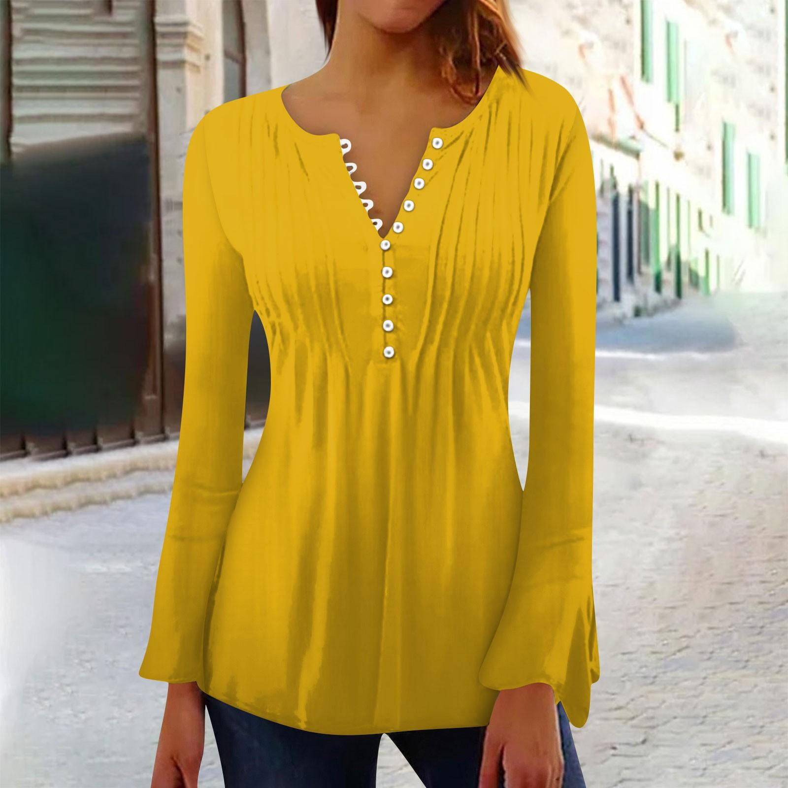 

Женская праздничная туника с рукавом-колокольчиком и пуговицами, воротник с пуговицами и длинными рукавами, тонкий топ с принтом, этнический топ, летняя футболка M жёлтый