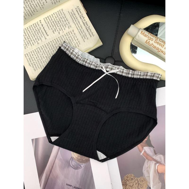 Girl Spring and Autumn Sweet Plaid Edge Splicing 10A Antibacterial Wrapped Hip Mid Waist Triangle Briefs