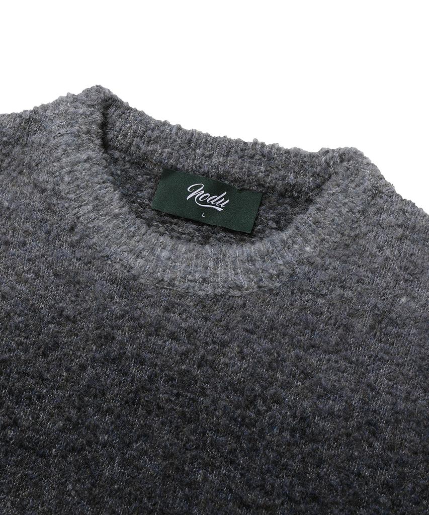 NODU Npn Gradient Boucle Two-Tone Striped Round Neck Long Sleeve Knit [Black]