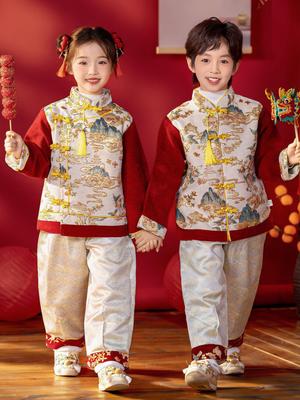 Girls' Chinese Style Winter Hanfu Set: New Year Greeting Dress & First Birthday Tang Suit.