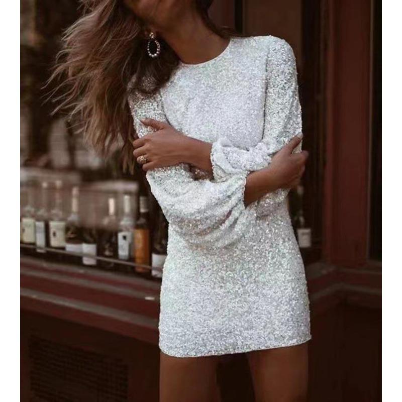 Spring Women'S Clothing Temperament Fashion Sequined Lantern Sleeve Round Neck Sexy Hip Wrap Dress