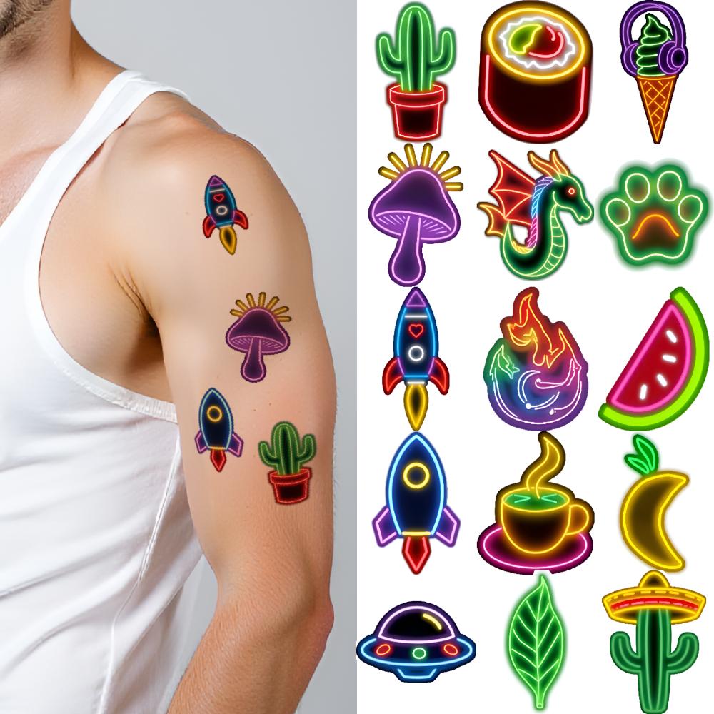 63 Stück Neon Home Party Temporäre Tattoos Cartoon Wasserdichte Körperkunst Arm Tattoo Aufkleber Einweg Fake Tattoos für Frauen Männer