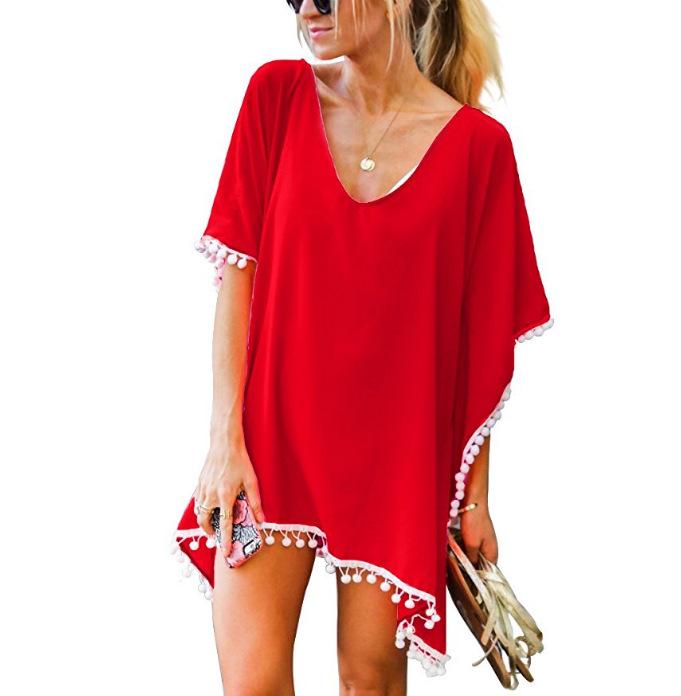 Chiffon Tassel Beach Cover-up: European & American Style with Fur Ball Accents