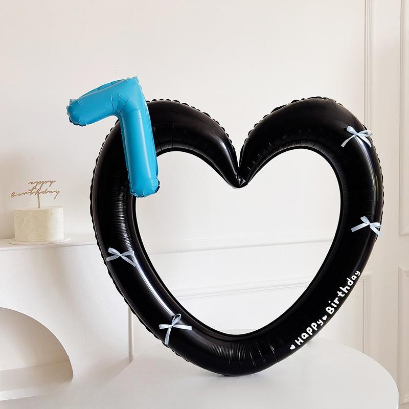Heart Photo Frame Balloon Foil 0-9 Blue Number with Bowk Stickers for Blue Style Birthday Party Photo Props Wedding Ballon Decor