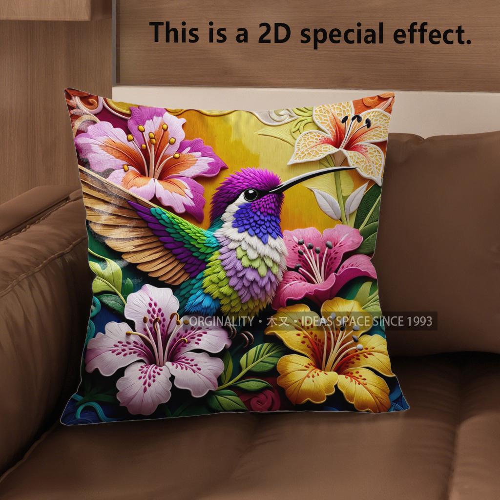 

2D Vibrant Hummingbird Floral Throw Pillow Covers** Pattern Cushion Cover Suitable For Sofa Bedroom Car Pillow Cover 40x40cm