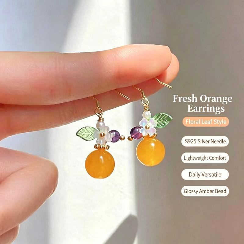 Cute Orange Shaped Dangle Earrings Handmade Flower Leaf Decor Bead For Women Daily Wear Party Dating Gifts