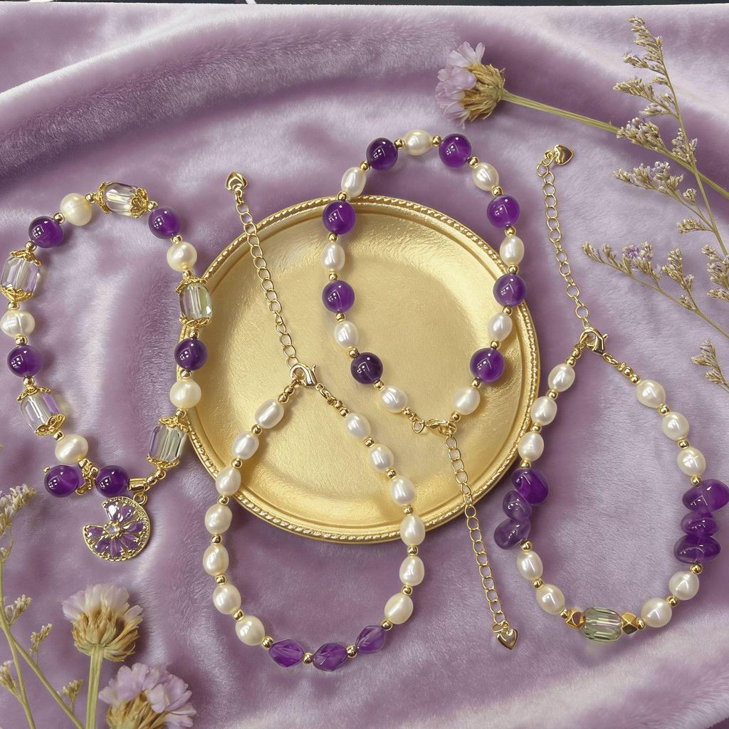 Women's Amethyst & Freshwater Pearl Adjustable Bracelet – Light Luxury Crystal Design